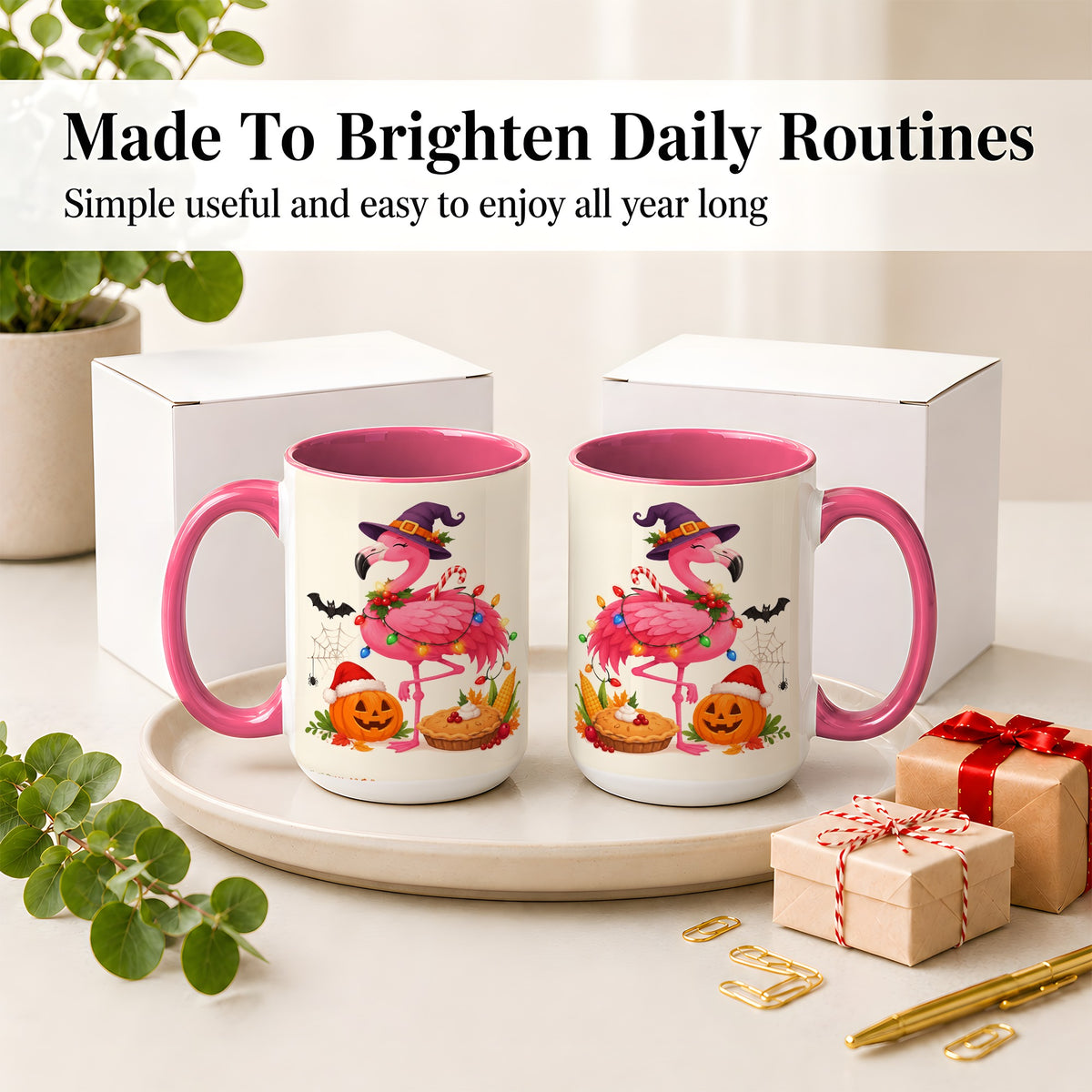 #pl[15oz|Pink] Festive Flamingo Accent Mug, Mug with Holiday Pumpkin Artwork