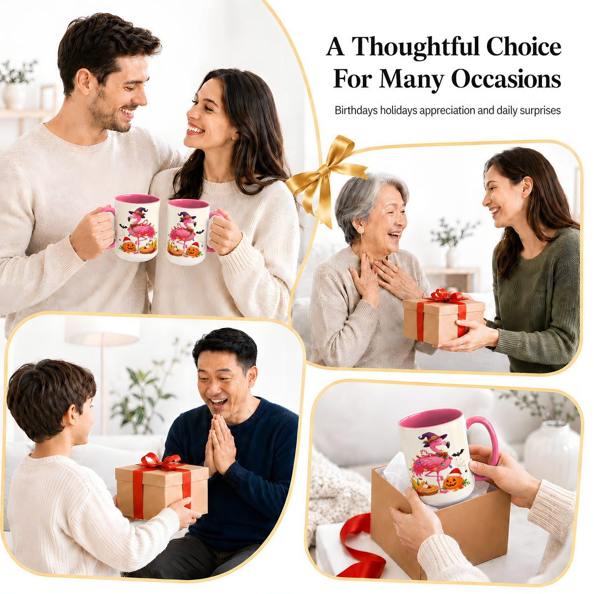 #pl[15oz|Pink] Festive Flamingo Accent Mug, Mug with Holiday Pumpkin Artwork