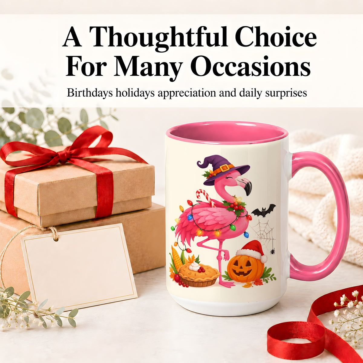 #pl[15oz|Pink] Festive Flamingo Accent Mug, Mug with Holiday Pumpkin Artwork