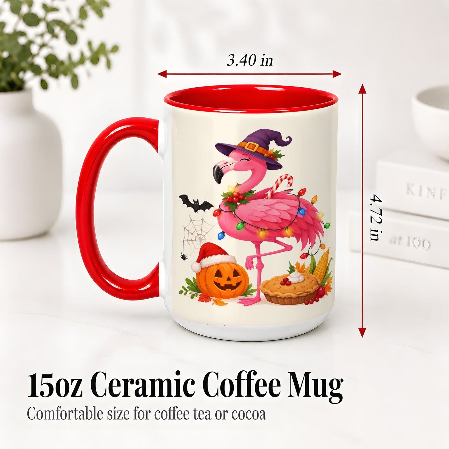 #pl[15oz|Red] Festive Flamingo Accent Mug, Mug with Holiday Pumpkin Artwork