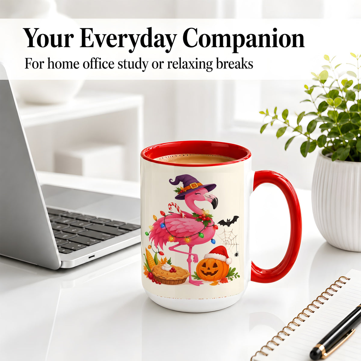 #pl[15oz|Red] Festive Flamingo Accent Mug, Mug with Holiday Pumpkin Artwork