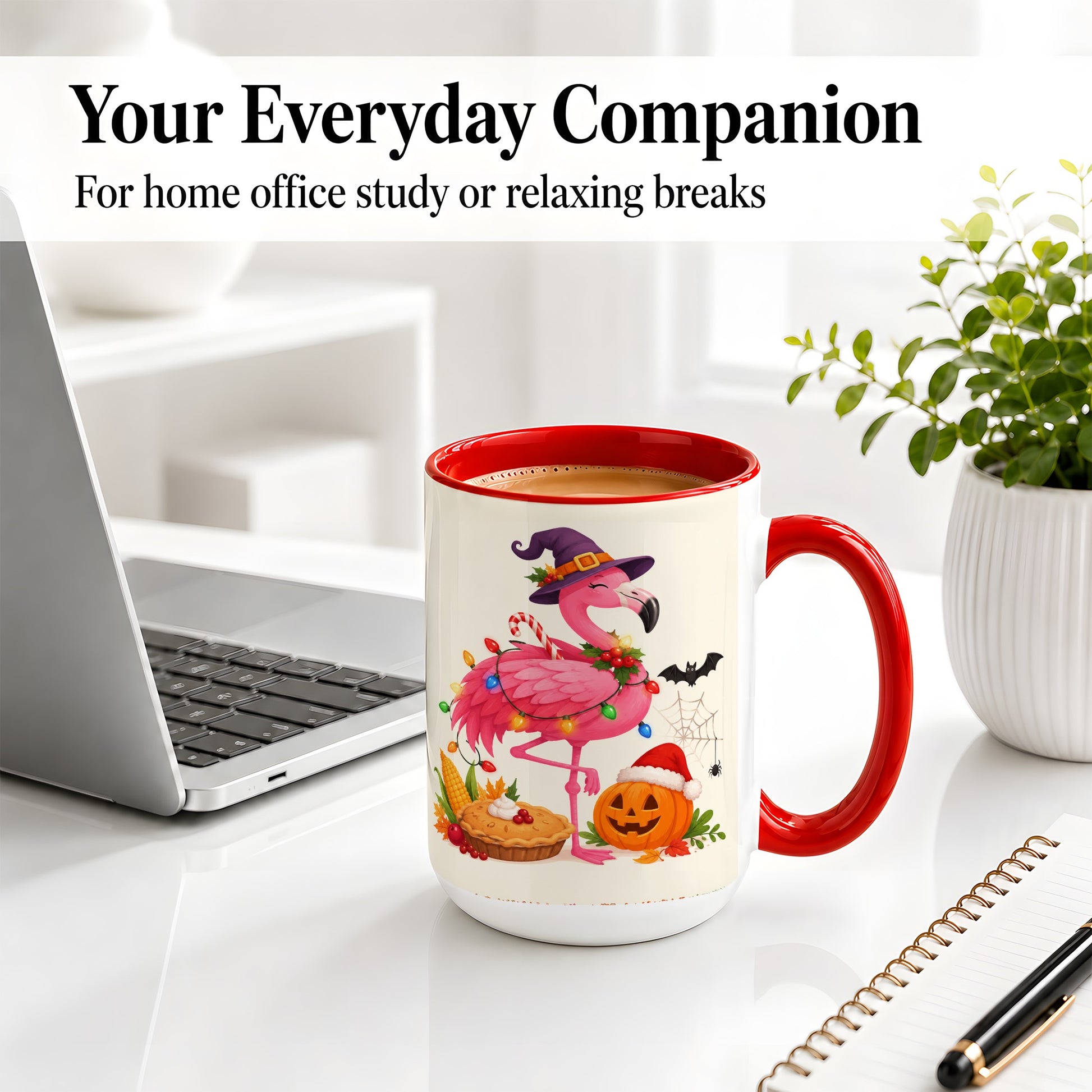 #pl[15oz|Red] Festive Flamingo Accent Mug, Mug with Holiday Pumpkin Artwork