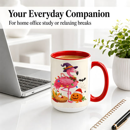 #pl[15oz|Red] Festive Flamingo Accent Mug, Mug with Holiday Pumpkin Artwork