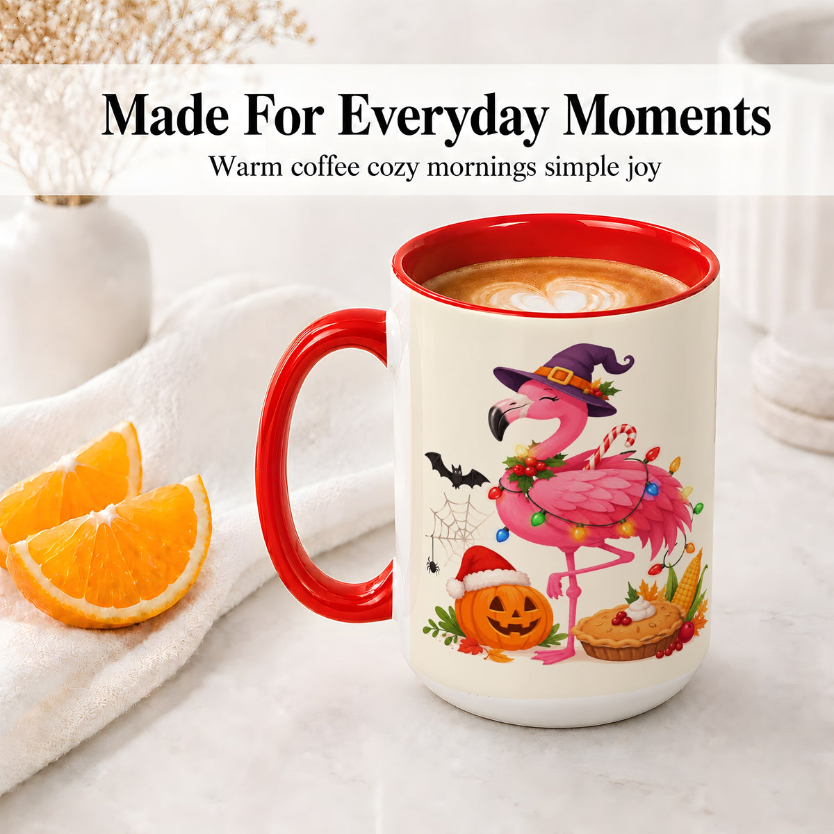 #pl[15oz|Red] Festive Flamingo Accent Mug, Mug with Holiday Pumpkin Artwork