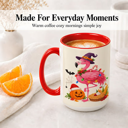 #pl[15oz|Red] Festive Flamingo Accent Mug, Mug with Holiday Pumpkin Artwork