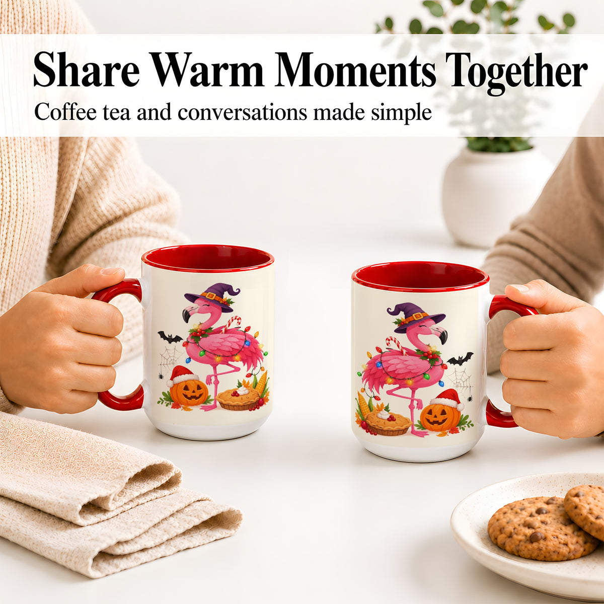 #pl[15oz|Red] Festive Flamingo Accent Mug, Mug with Holiday Pumpkin Artwork