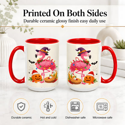 #pl[15oz|Red] Festive Flamingo Accent Mug, Mug with Holiday Pumpkin Artwork