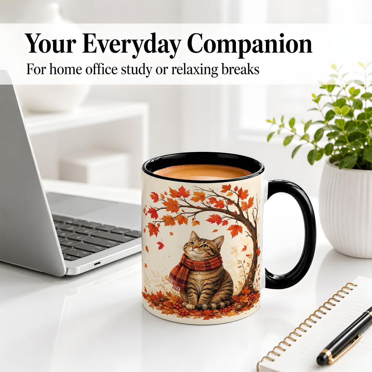 #pl[11oz|Black] Autumn Cat Accent Mug, Mug with Scarf and Maple Leaves Artwork