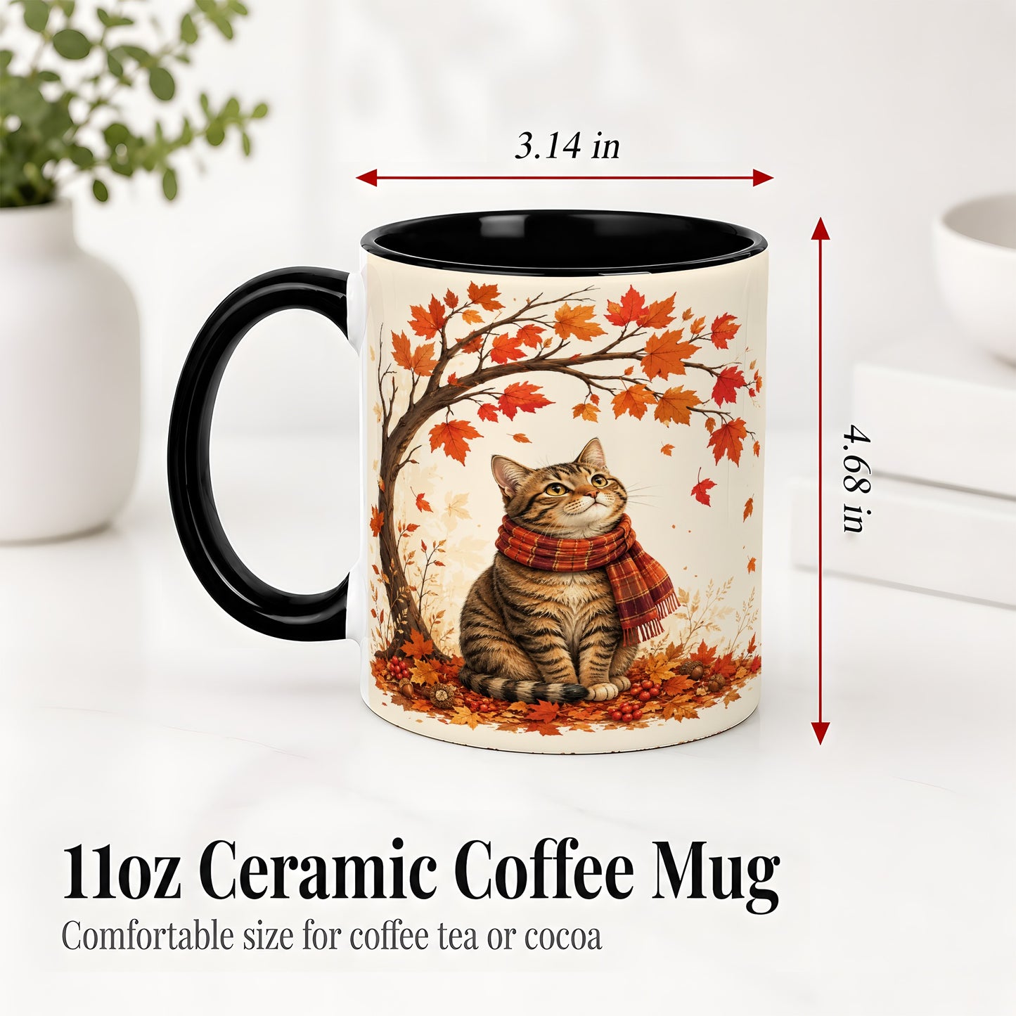 #pl[11oz|Black] Autumn Cat Accent Mug, Mug with Scarf and Maple Leaves Artwork