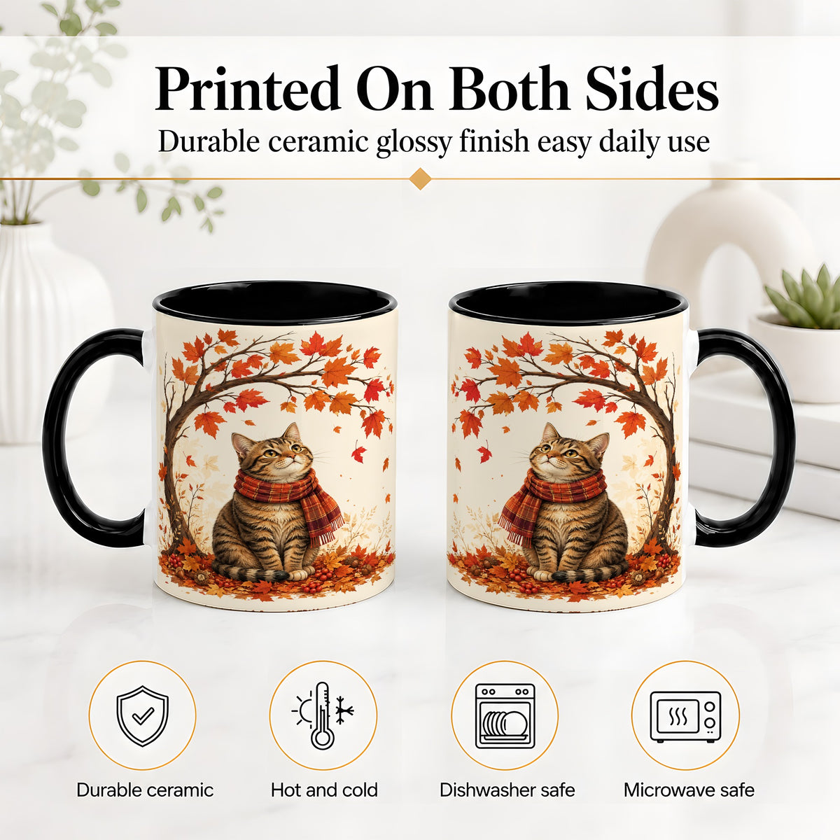 #pl[11oz|Black] Autumn Cat Accent Mug, Mug with Scarf and Maple Leaves Artwork
