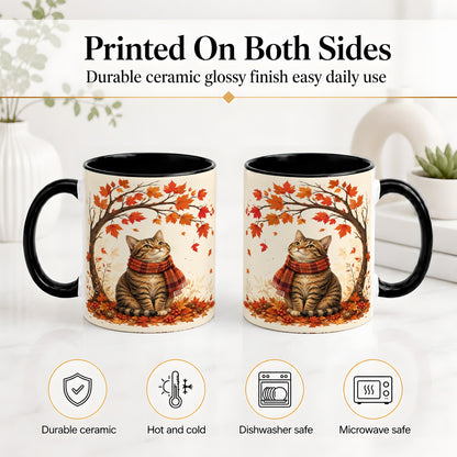 #pl[11oz|Black] Autumn Cat Accent Mug, Mug with Scarf and Maple Leaves Artwork