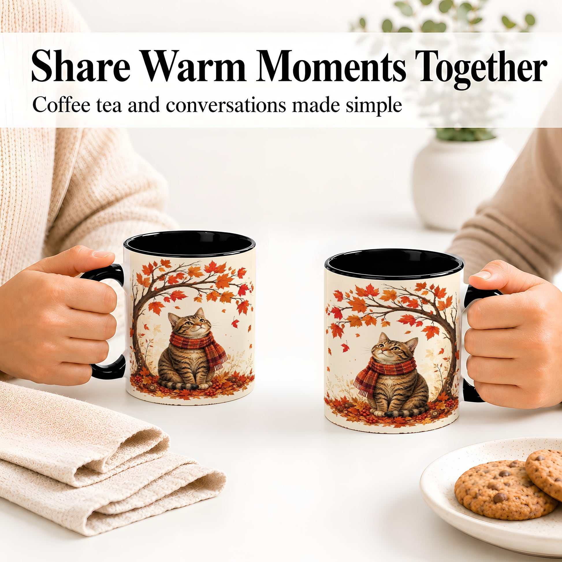 #pl[11oz|Black] Autumn Cat Accent Mug, Mug with Scarf and Maple Leaves Artwork