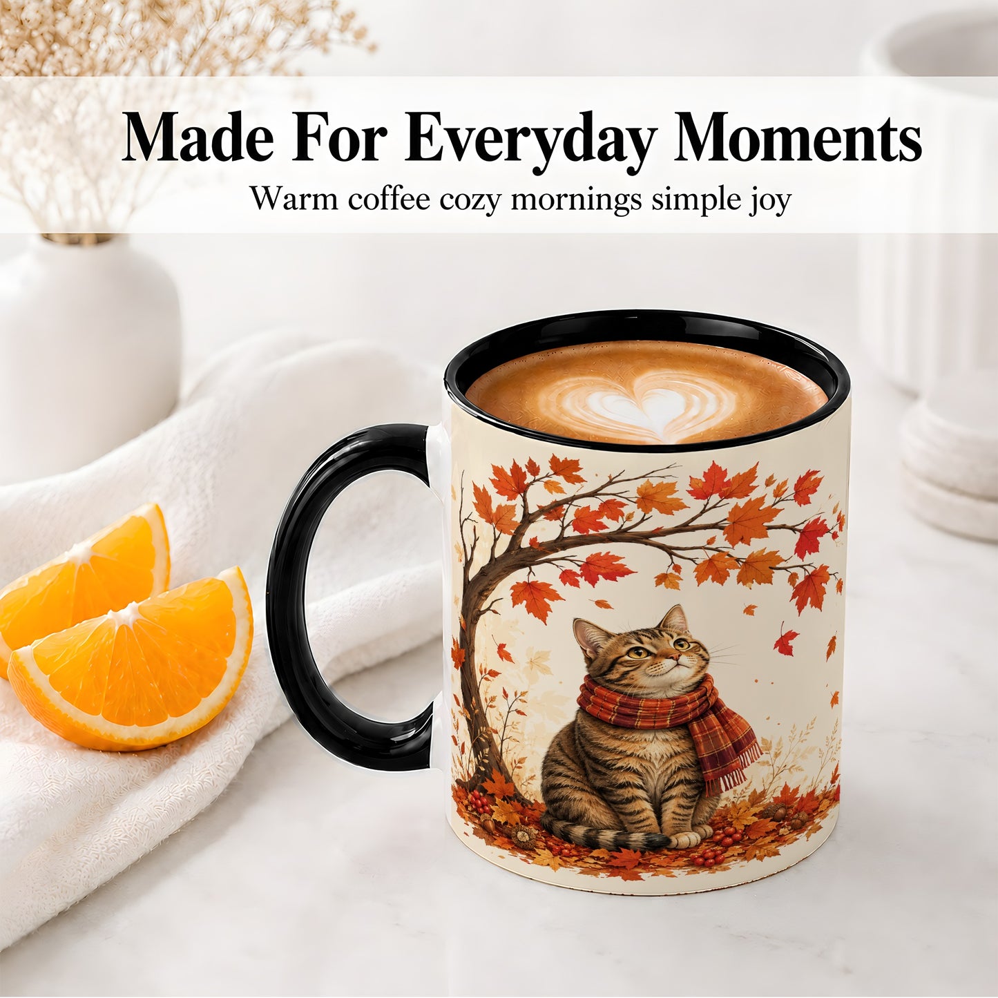 #pl[11oz|Black] Autumn Cat Accent Mug, Mug with Scarf and Maple Leaves Artwork