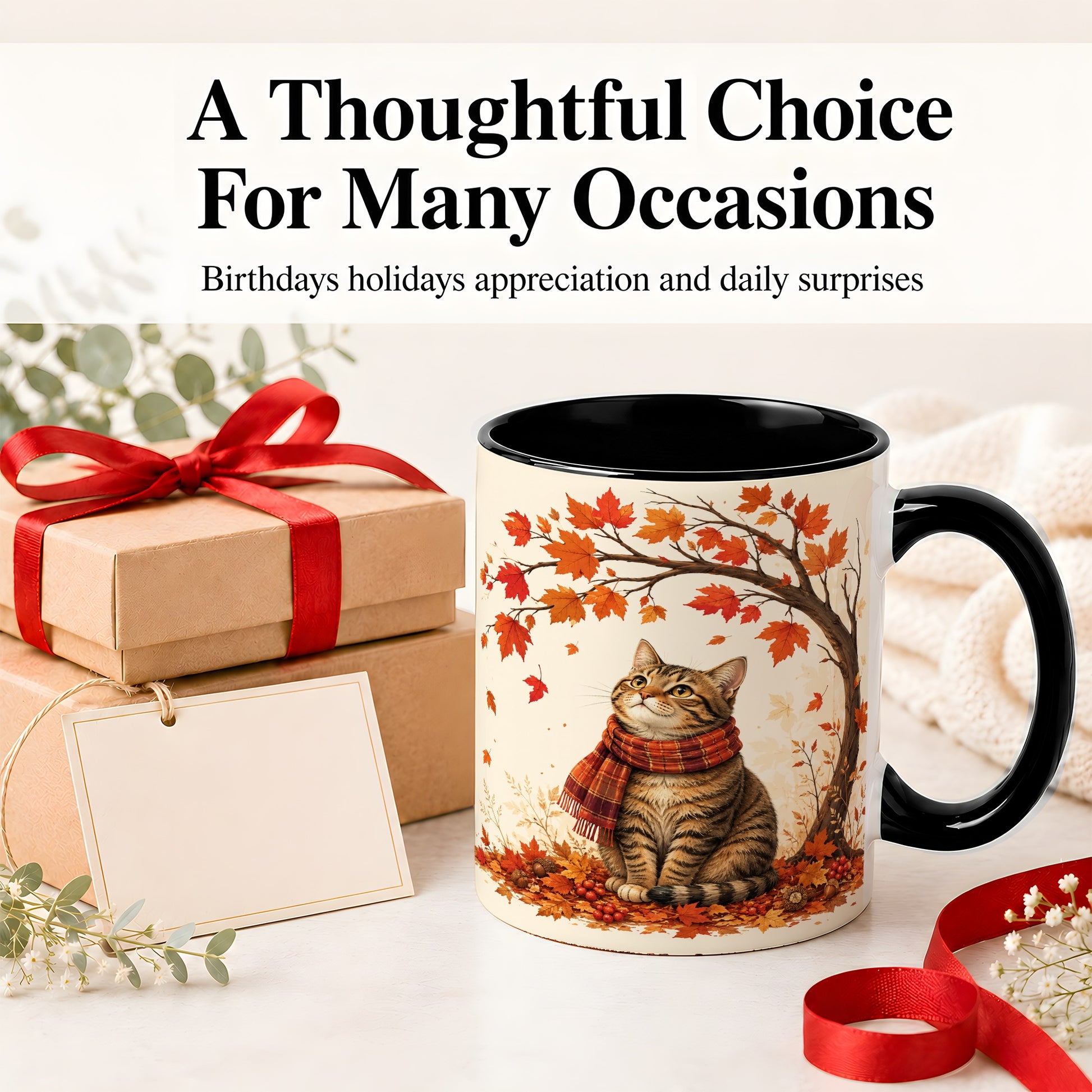 #pl[11oz|Black] Autumn Cat Accent Mug, Mug with Scarf and Maple Leaves Artwork