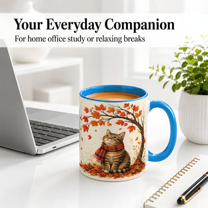 #pl[11oz|Blue] Autumn Cat Accent Mug, Mug with Scarf and Maple Leaves Artwork