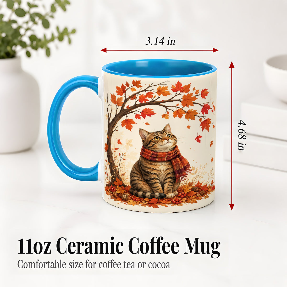 #pl[11oz|Blue] Autumn Cat Accent Mug, Mug with Scarf and Maple Leaves Artwork