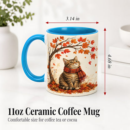 #pl[11oz|Blue] Autumn Cat Accent Mug, Mug with Scarf and Maple Leaves Artwork