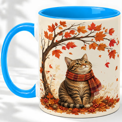 #pl[11oz|Blue] Autumn Cat Accent Mug, Mug with Scarf and Maple Leaves Artwork