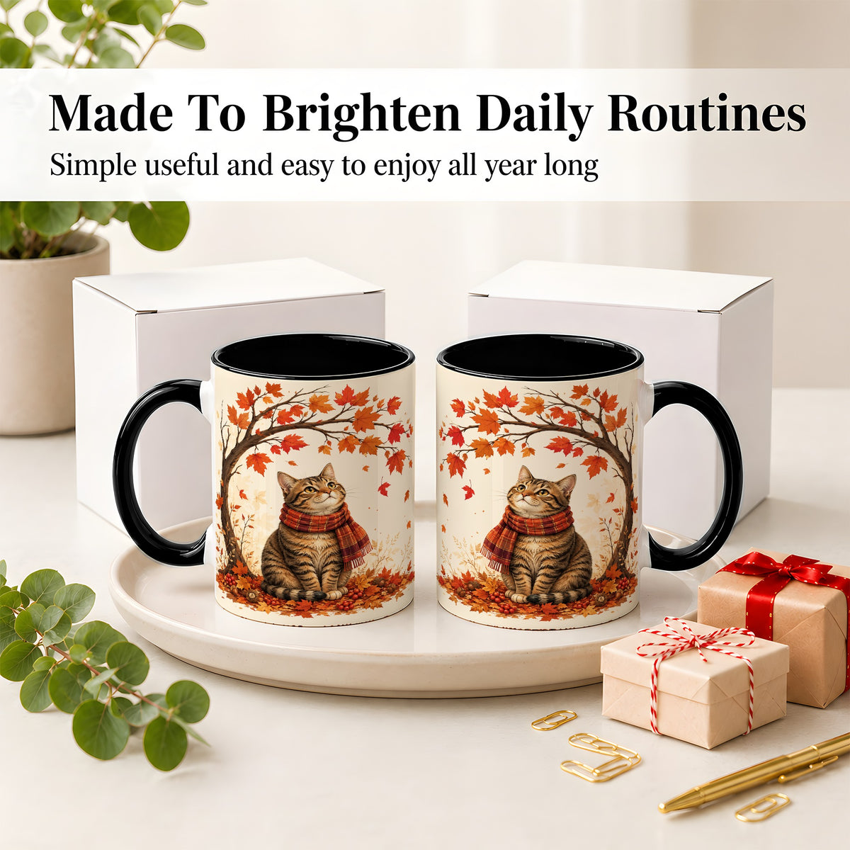 #pl[11oz|Black] Autumn Cat Accent Mug, Mug with Scarf and Maple Leaves Artwork
