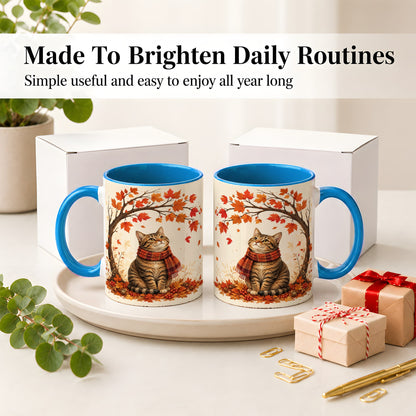 #pl[11oz|Blue] Autumn Cat Accent Mug, Mug with Scarf and Maple Leaves Artwork