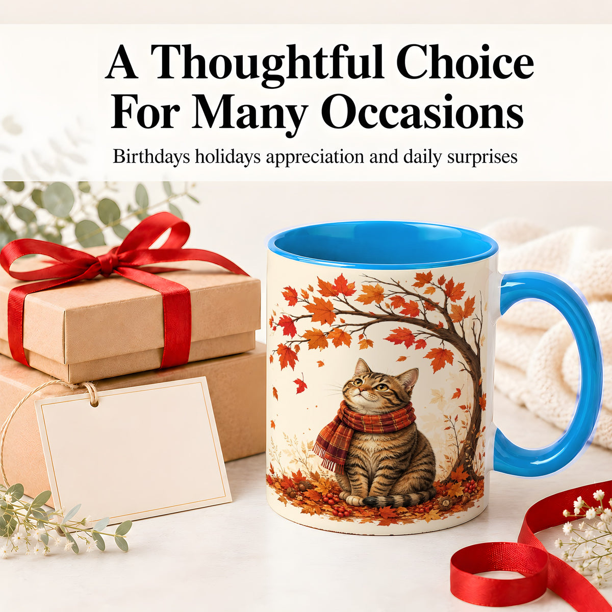 #pl[11oz|Blue] Autumn Cat Accent Mug, Mug with Scarf and Maple Leaves Artwork