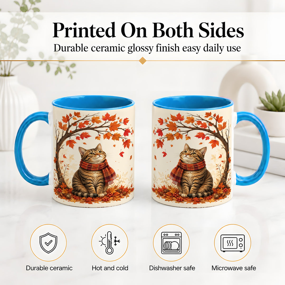 #pl[11oz|Blue] Autumn Cat Accent Mug, Mug with Scarf and Maple Leaves Artwork