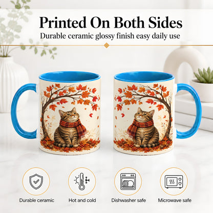 #pl[11oz|Blue] Autumn Cat Accent Mug, Mug with Scarf and Maple Leaves Artwork