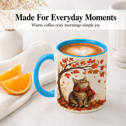 #pl[11oz|Blue] Autumn Cat Accent Mug, Mug with Scarf and Maple Leaves Artwork