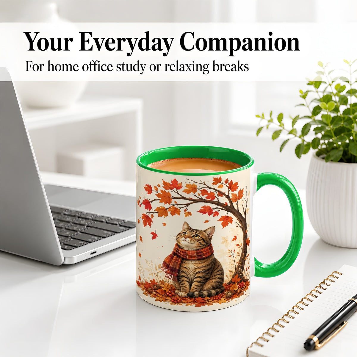 #pl[11oz|Green] Autumn Cat Accent Mug, Mug with Scarf and Maple Leaves Artwork