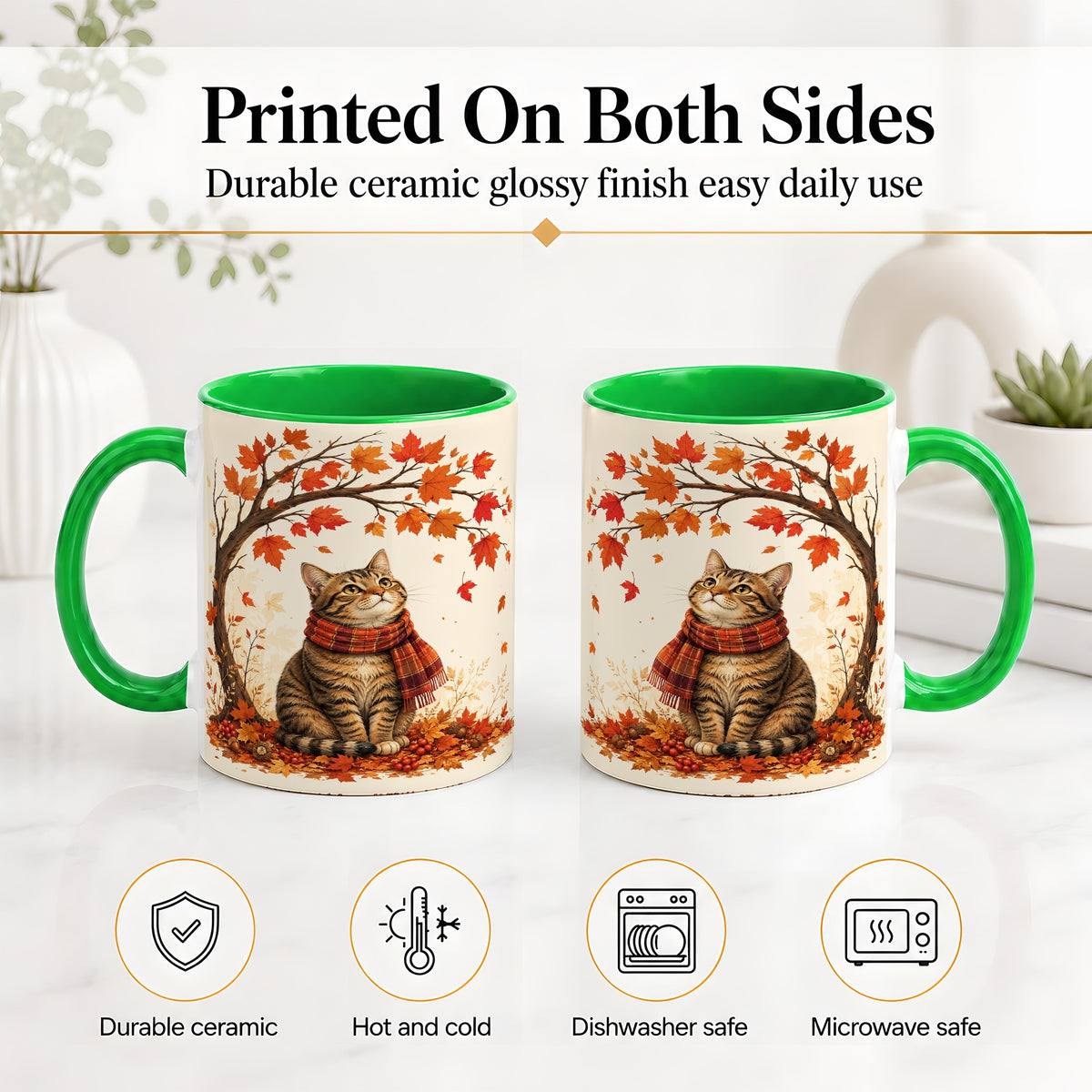 #pl[11oz|Green] Autumn Cat Accent Mug, Mug with Scarf and Maple Leaves Artwork