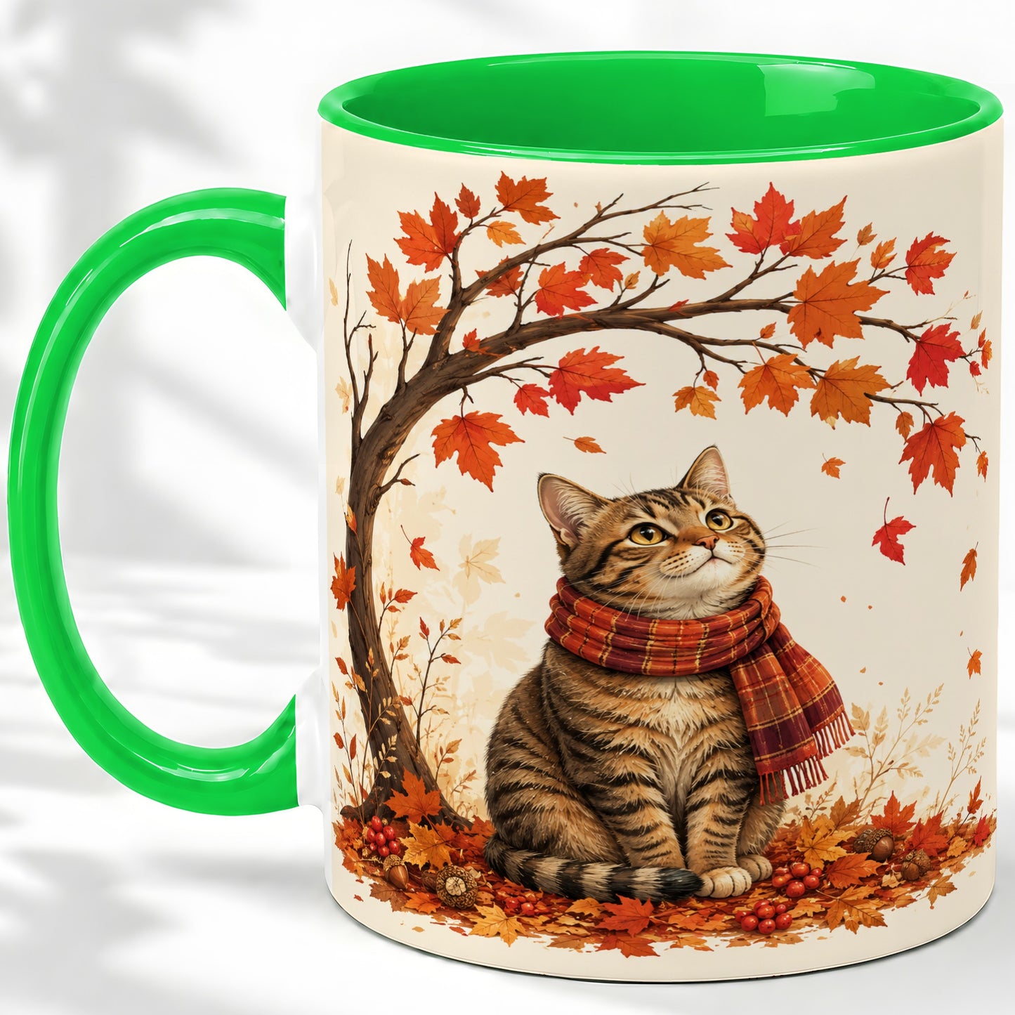 #pl[11oz|Green] Autumn Cat Accent Mug, Mug with Scarf and Maple Leaves Artwork