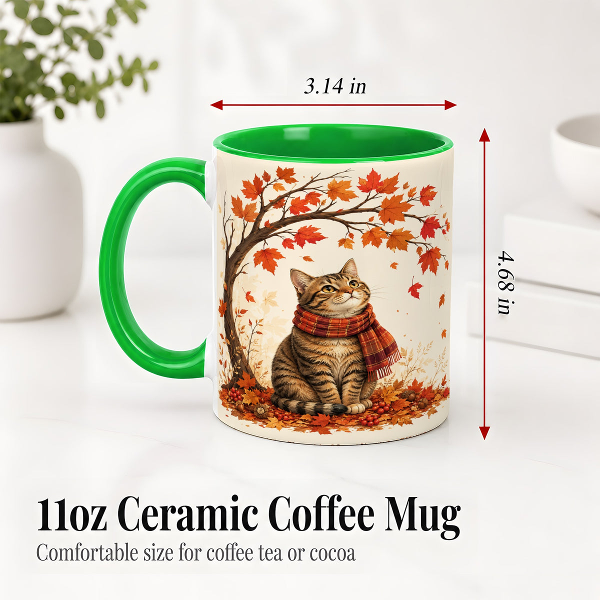 #pl[11oz|Green] Autumn Cat Accent Mug, Mug with Scarf and Maple Leaves Artwork