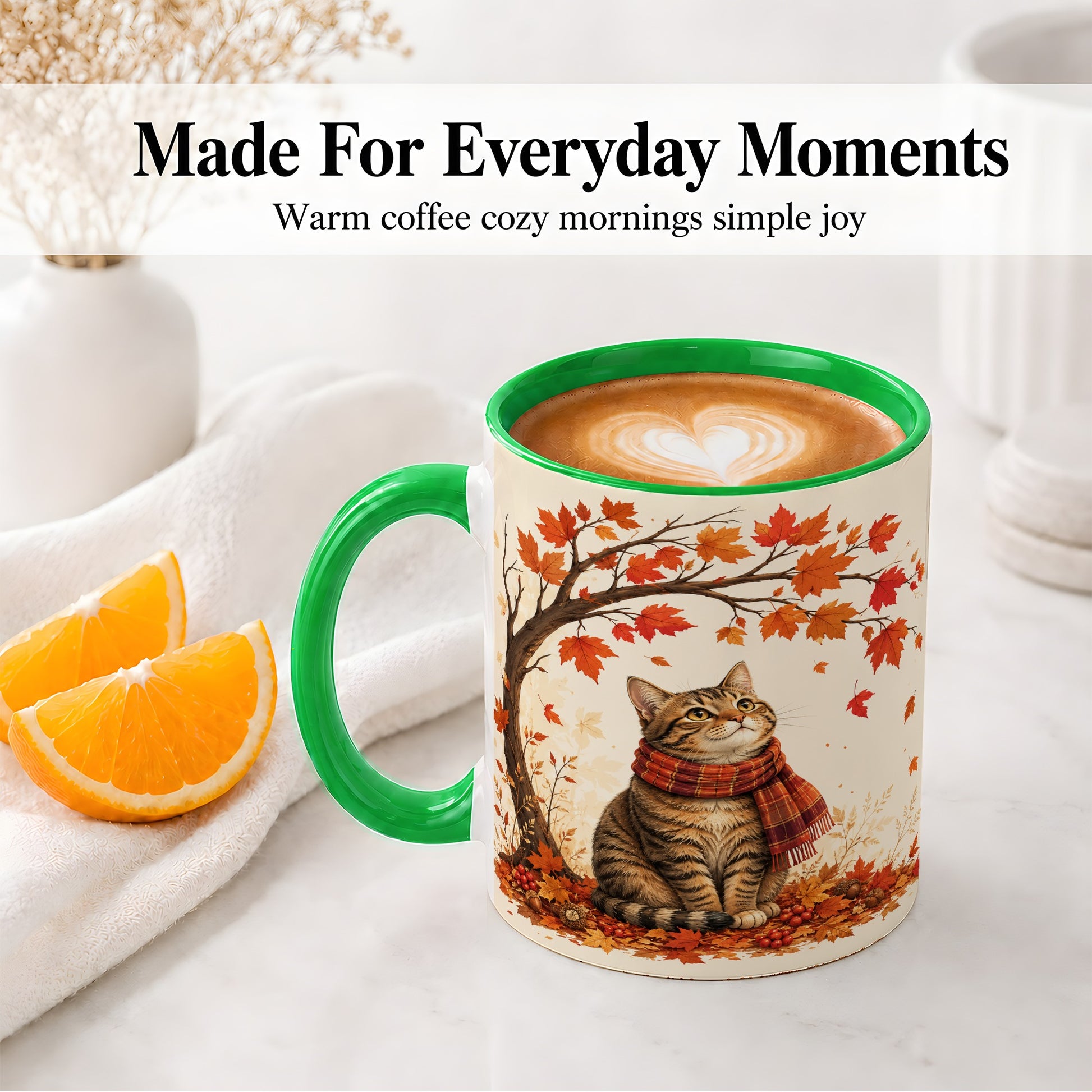 #pl[11oz|Green] Autumn Cat Accent Mug, Mug with Scarf and Maple Leaves Artwork