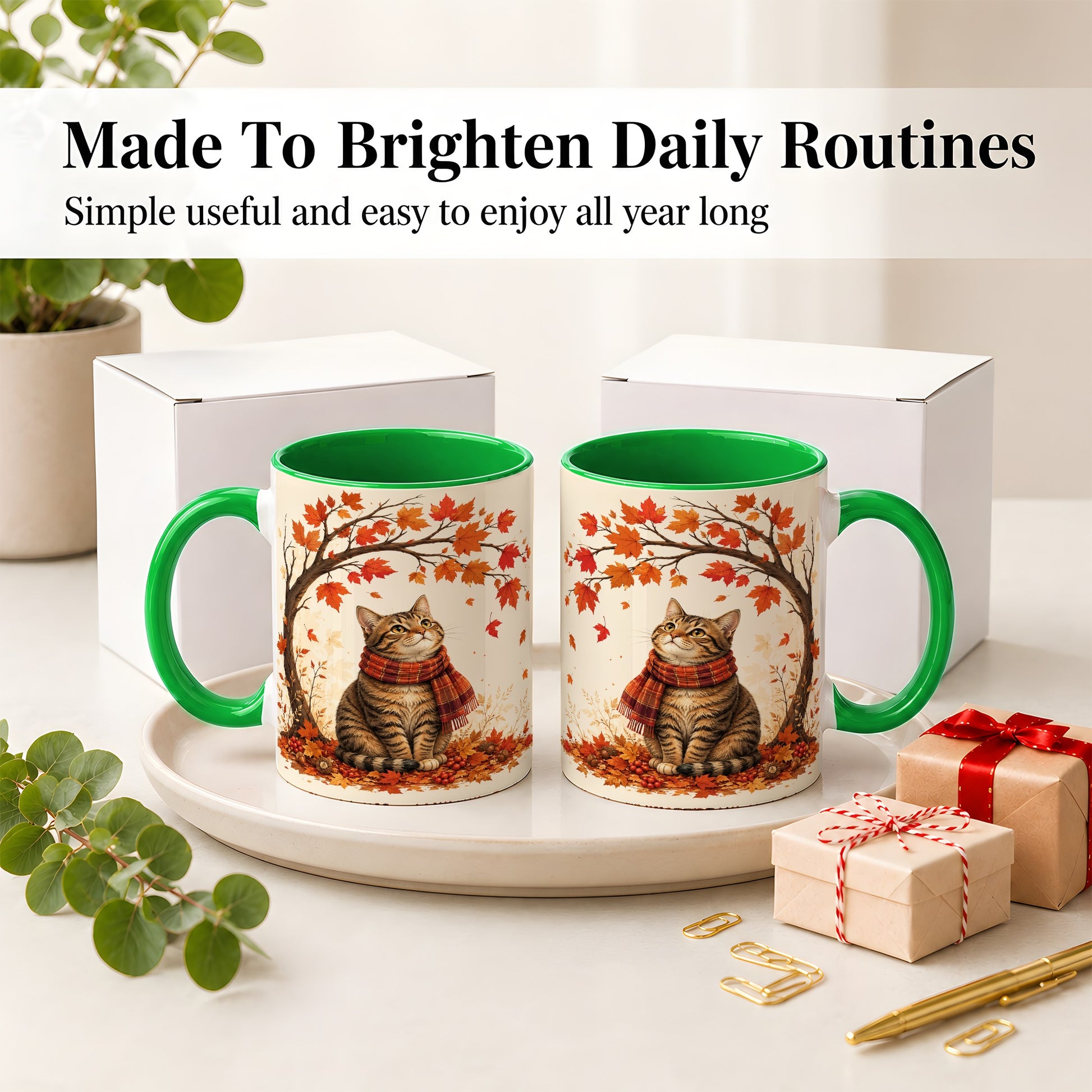 #pl[11oz|Green] Autumn Cat Accent Mug, Mug with Scarf and Maple Leaves Artwork