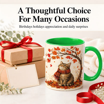 #pl[11oz|Green] Autumn Cat Accent Mug, Mug with Scarf and Maple Leaves Artwork