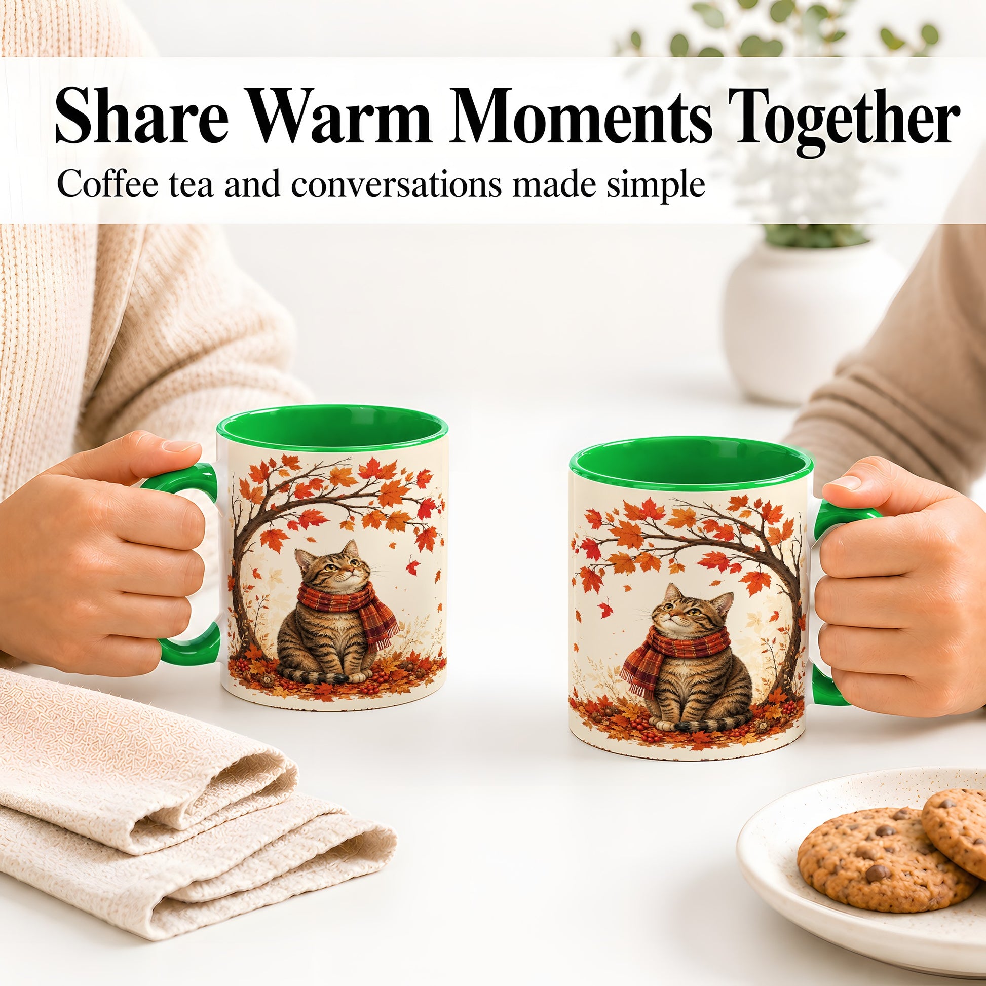 #pl[11oz|Green] Autumn Cat Accent Mug, Mug with Scarf and Maple Leaves Artwork