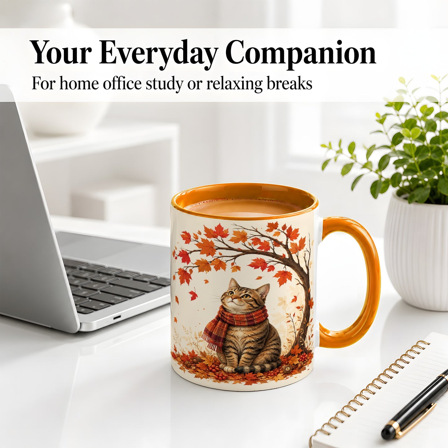 #pl[11oz|Orange] Autumn Cat Accent Mug, Mug with Scarf and Maple Leaves Artwork