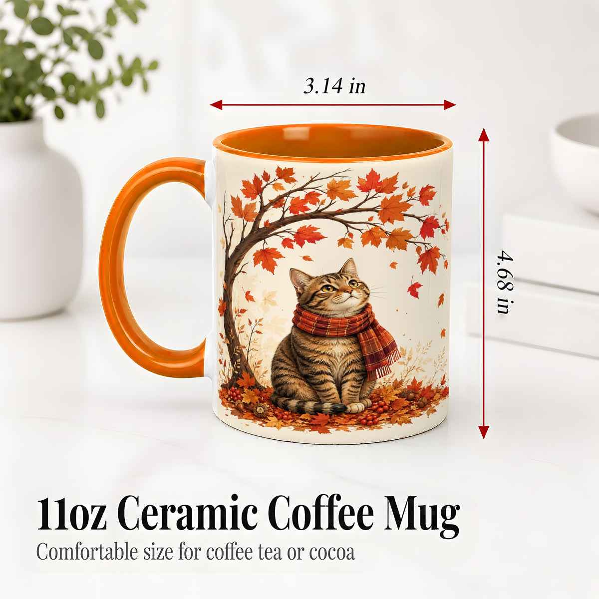#pl[11oz|Orange] Autumn Cat Accent Mug, Mug with Scarf and Maple Leaves Artwork