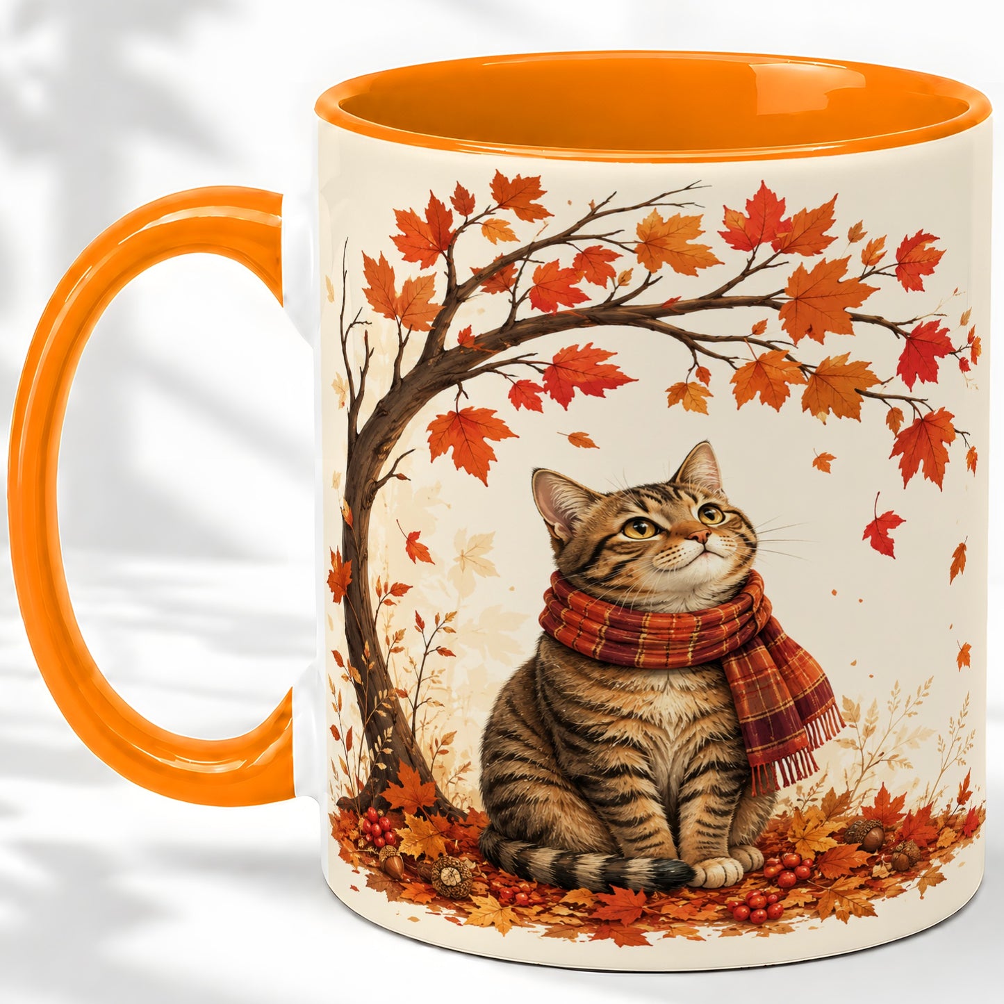 #pl[11oz|Orange] Autumn Cat Accent Mug, Mug with Scarf and Maple Leaves Artwork