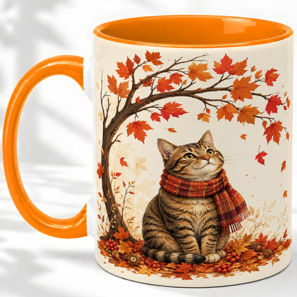 #pl[11oz|Orange] Autumn Cat Accent Mug, Mug with Scarf and Maple Leaves Artwork