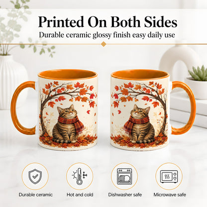 #pl[11oz|Orange] Autumn Cat Accent Mug, Mug with Scarf and Maple Leaves Artwork