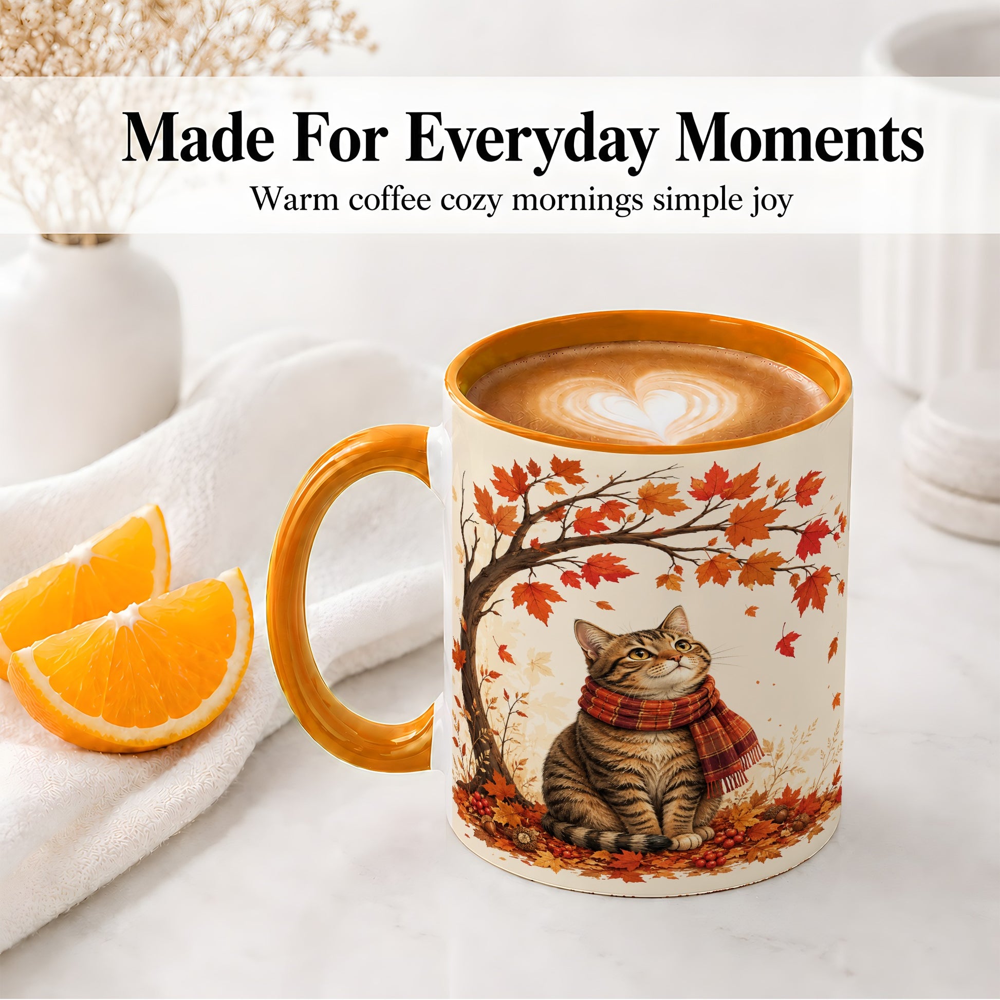 #pl[11oz|Orange] Autumn Cat Accent Mug, Mug with Scarf and Maple Leaves Artwork