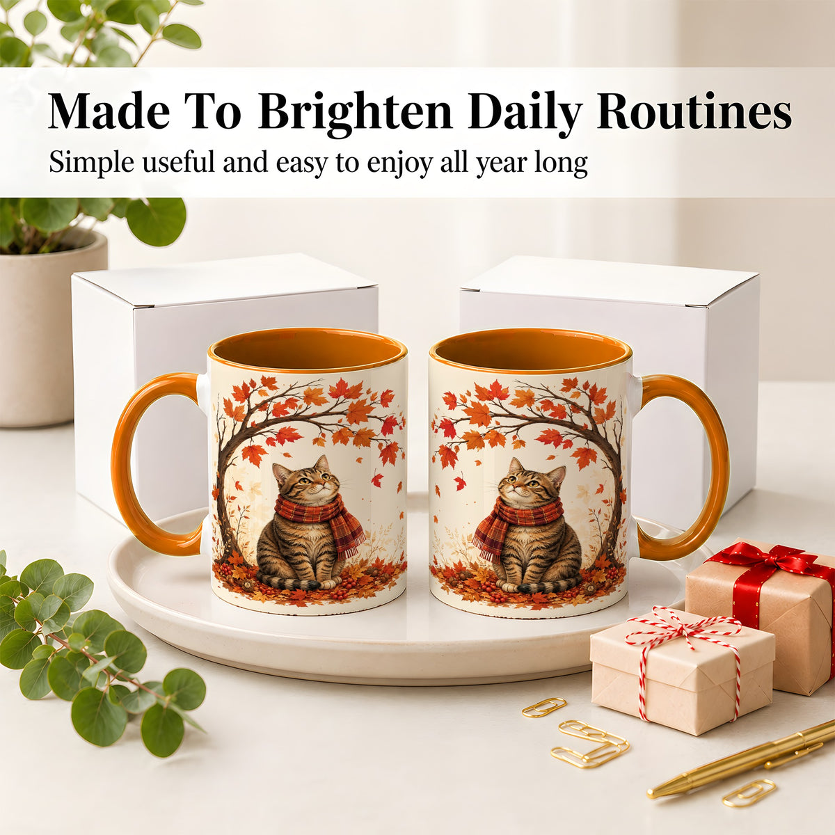 #pl[11oz|Orange] Autumn Cat Accent Mug, Mug with Scarf and Maple Leaves Artwork