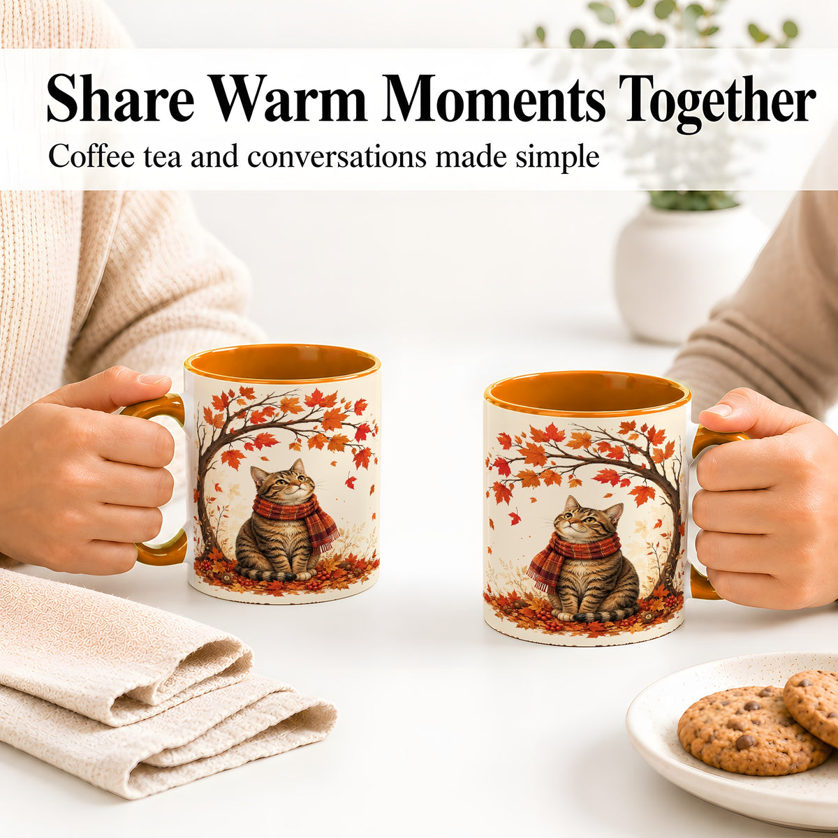 #pl[11oz|Orange] Autumn Cat Accent Mug, Mug with Scarf and Maple Leaves Artwork