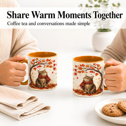 #pl[11oz|Orange] Autumn Cat Accent Mug, Mug with Scarf and Maple Leaves Artwork
