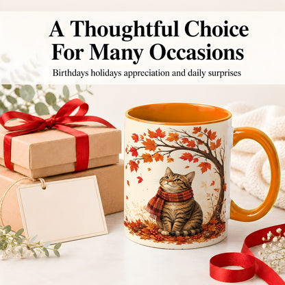 #pl[11oz|Orange] Autumn Cat Accent Mug, Mug with Scarf and Maple Leaves Artwork