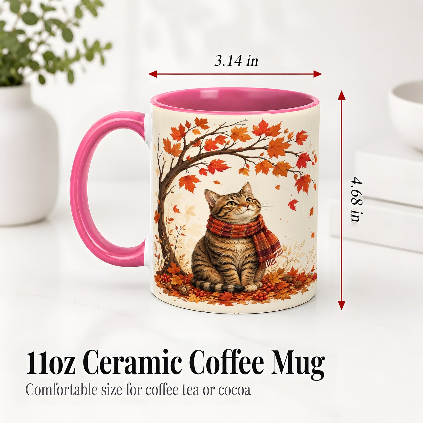 #pl[11oz|Pink] Autumn Cat Accent Mug, Mug with Scarf and Maple Leaves Artwork