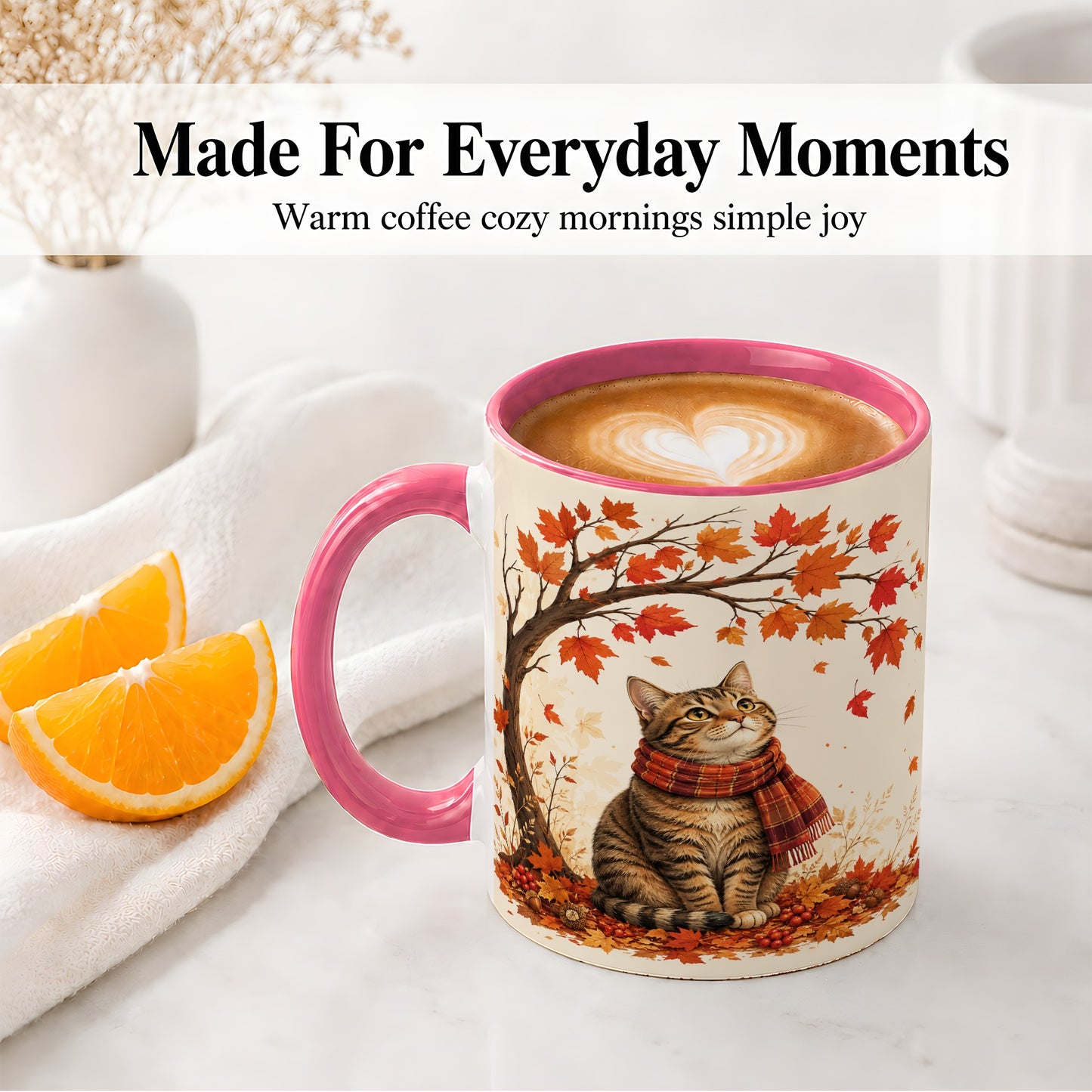 #pl[11oz|Pink] Autumn Cat Accent Mug, Mug with Scarf and Maple Leaves Artwork