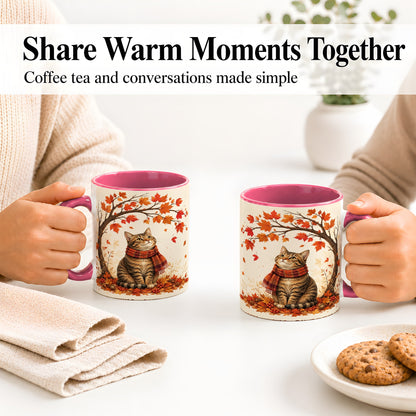 #pl[11oz|Pink] Autumn Cat Accent Mug, Mug with Scarf and Maple Leaves Artwork