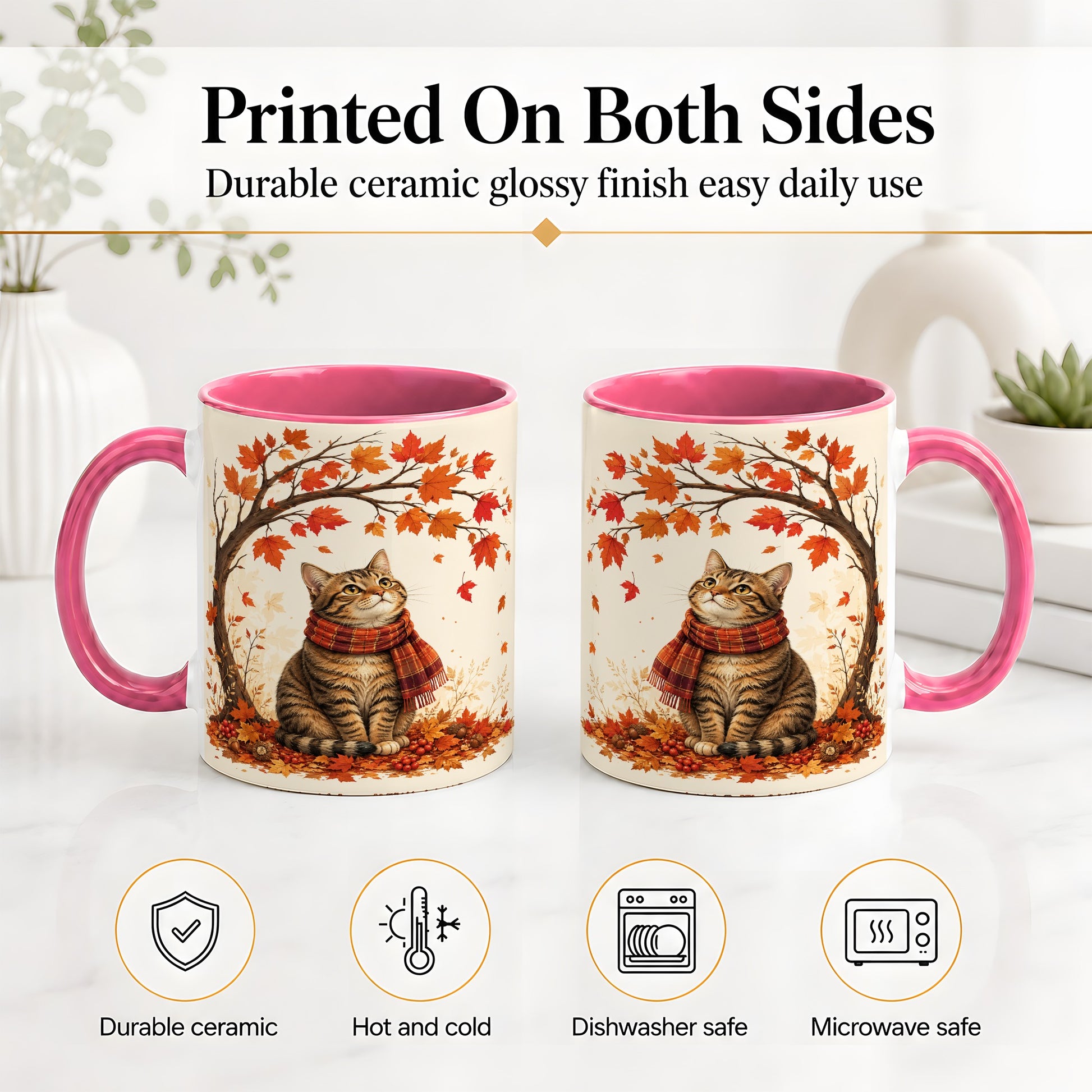 #pl[11oz|Pink] Autumn Cat Accent Mug, Mug with Scarf and Maple Leaves Artwork